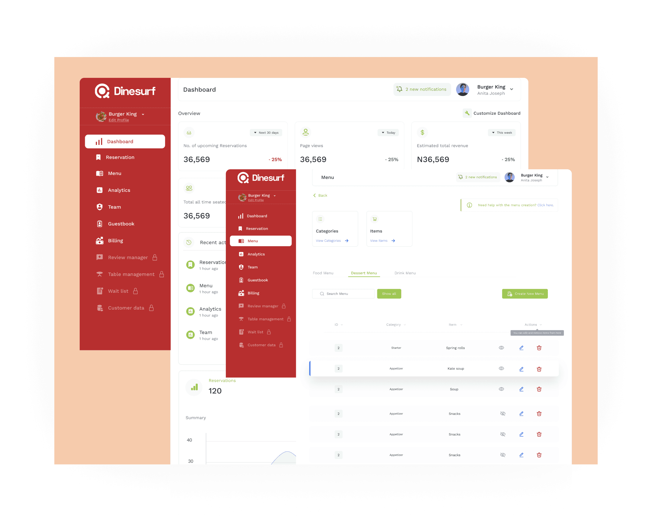 Dinesurf admin dashboard preview
