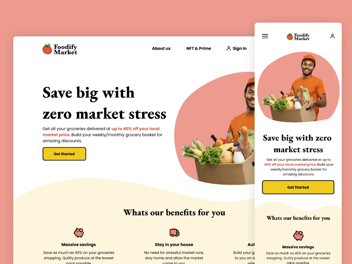 FoodifyMarket's earlier design study with desktop and mobile storefront screens
